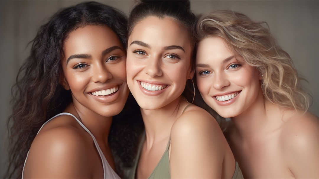 A diverse group of women showcasing glowing skin achieved through professional facials.